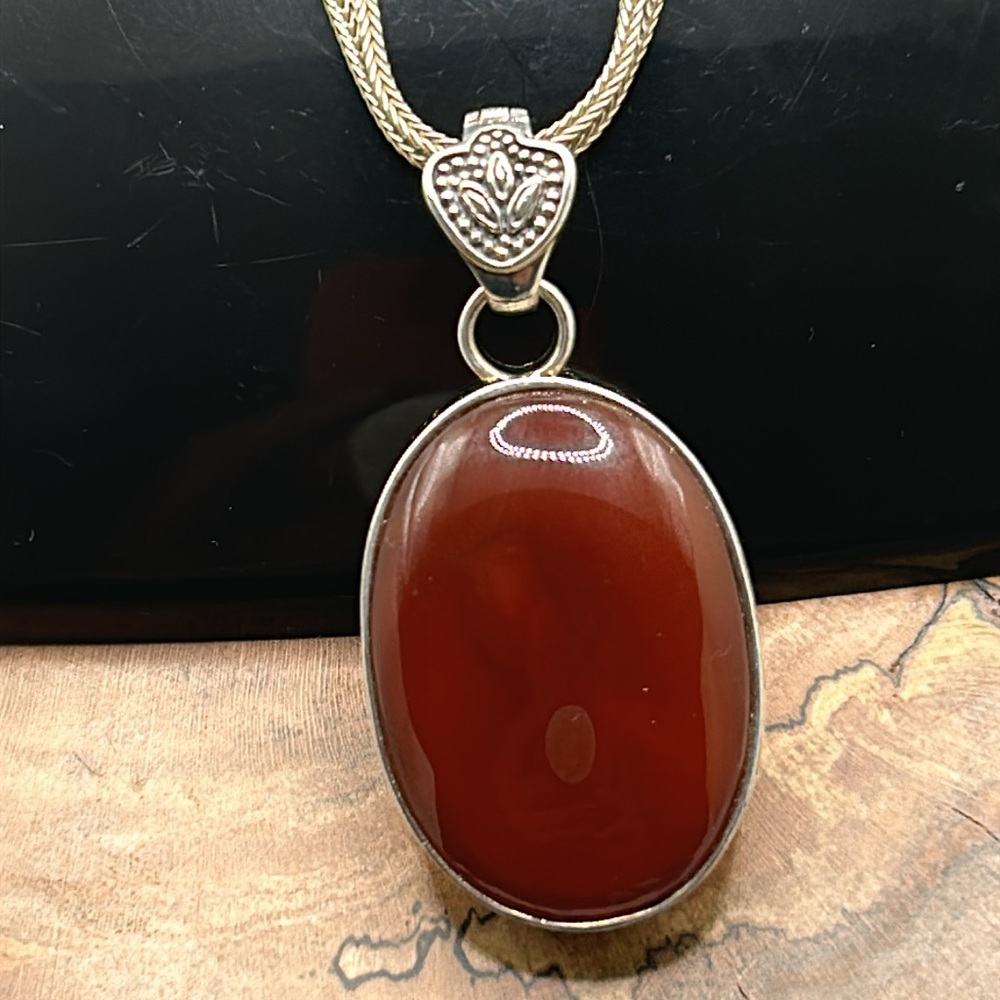 Vintage Carnelian Red Oval Filigree Barse 925 Double Unique Chain Valentine